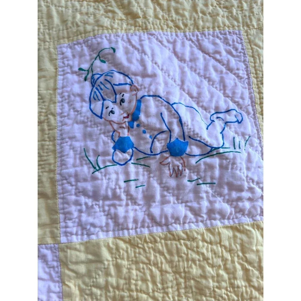 Vintage Fairy Elf Baby Blanket Quilt Hand Drawn Handmade Yellow Flaws READ